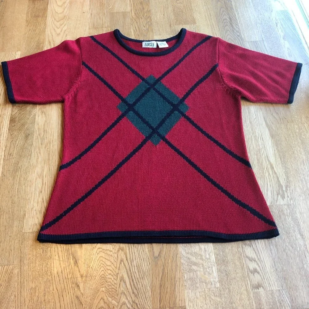 Vintage Lucia Red Argyle 2 Piece Set Top Full Zip Cardigan Medium